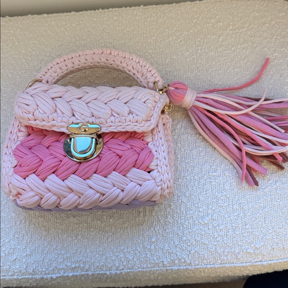 Pink and Cream Woven Handbag with Tassel
